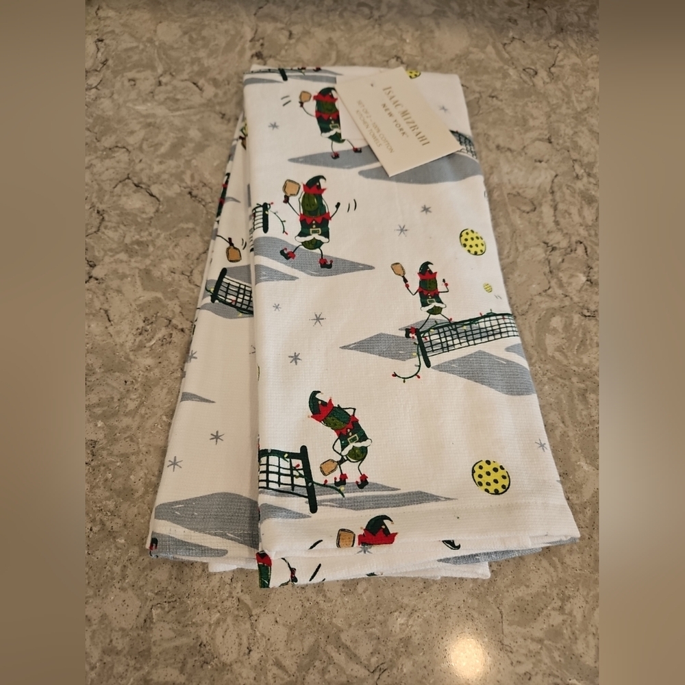 New Isaac Mizrahi Set 2 Kitchen Towels Christmas Pickleball White